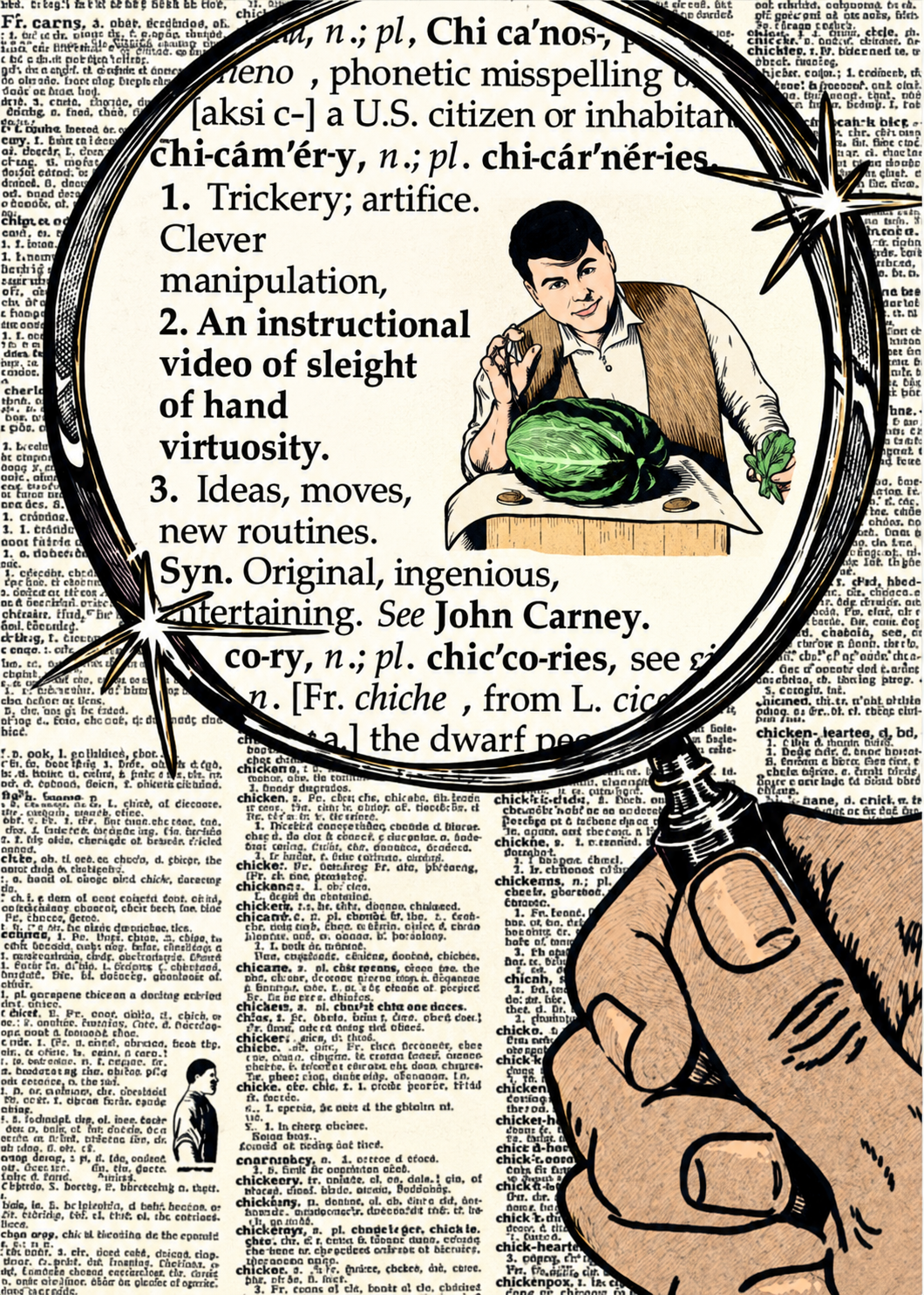 Chicarnery cover with a magnifying glass over a dictionary entry and an illustration of John Carney
