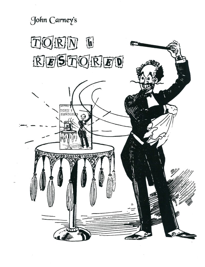 John Carney’s Torn and Restored manuscript cover with a black-and-white illustration of a magician